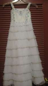 Adorable White Tiered Pageant Formal Dress with Turquoise Stones Girls 