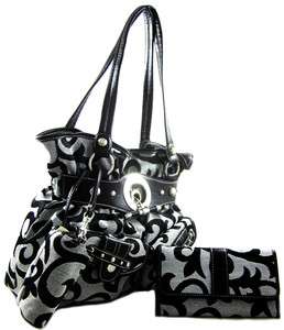 Designer Inspired Jacquard Fabric Belted Purse Handbag Wallet 3 piece 
