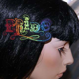 This hair clip is a neon Rainbow Pride symbol. Its embroidered with 
