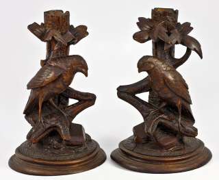Antique Hand Carved Wood Black Forest Candlestick Pair, Animalier 