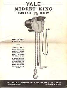 Yale Midget King Electric Hoist Spare Parts List 1947  
