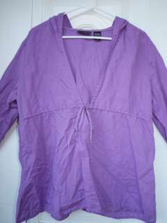 NEW YORK & COMPANY Purple V Neck Drawstring Linen Hoodie Top Shirt XL 