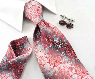   Jacquard Woven silk Mens Tie Floral Necktie set Cufflinks red 156
