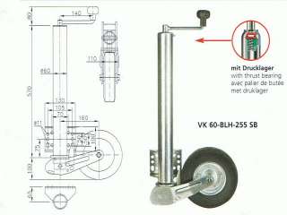 Automatisch Stützrad Winterhoff 500 kg mit 60 mm Rohr Rad 225x70 mm 