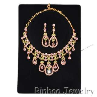 Pink Austrian Rhinestone Golden Necklace&Earrings set  