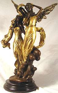 WOMAN & ANGEL WINGS GREEK ROMAN BRONZE SCULPTURE STATUE WITH GOLD 