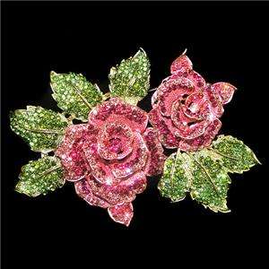 Huge Dual Rose Leaf Pin Brooch Swarovski Crystal Pink Glitzy Flower 