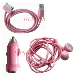 1X USB Data Cable Cord+Mini Car Charger+Earphone for Iphone 4G 3G 3GS 
