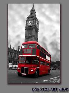 LONDON CITY BIG BEN RED BUS CITYSCAPE ART CANVAS 20X16  