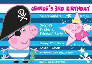 PIRATE & PRINCESS PEPPA PIG Personalised invites x 12  