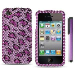 Phone Protector Hard Cover Case Purple Leopard Full Diamond Rhinestone 