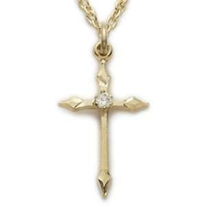  Yellow Gold Filled Cross Necklace Engraved w/ Diamond Like CZ Cubic 