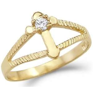   New Solid 14k Yellow Gold Small Unique Cross CZ Cubic Zirconia Ring