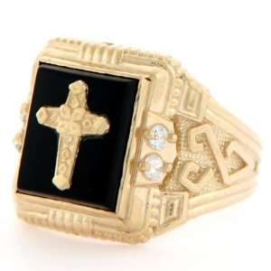    10K Solid Yellow Gold 10X12mm Onyx Cross CZ Mens Ring Jewelry