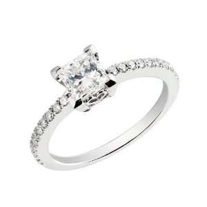 14k White Gold Princess Cut Diamond Ring with Round Diamond Accents (1 