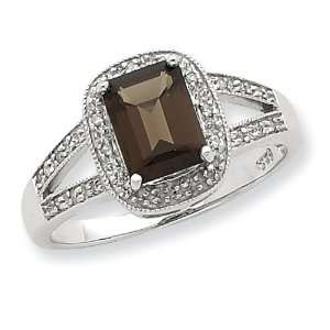   Rhodium Emerald Cut Smokey Quartz & Diamond Ring, Size 8 Jewelry