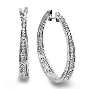14k White Gold In and Out Round Diamond Ladies Hoop Earrings 3/4 CT (0 