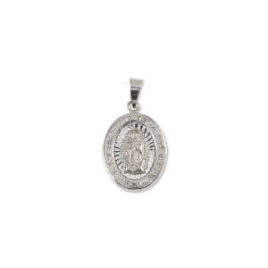 14k White Gold, Virgin Mary Guadalupe Pendant Charm Lab Created Gems 
