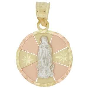 14k Tricolor Gold, Virgin Mother Mary Guadalupe Pendant Charm Round 