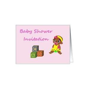  Baby Shower Invitation with alphabet toy blocks and brown baby 