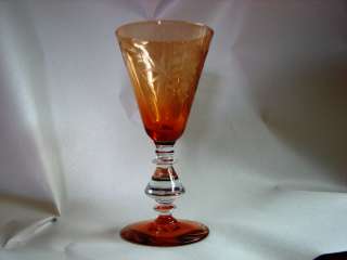 VINTAGE AMBER ETCHED FOOTED STEMWARE GLASS  