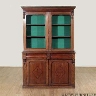 Antique English Solid Oak Victorian Bookcase Curio Display Cabinet 