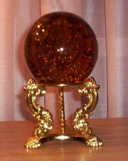 Vintage Godinger Amber Glass Ball Bubble Paperweight With Gold Stand 