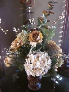 Silk Floral Arrangement Centerpiece Creme Hydrangeas Brown Beige Roses 