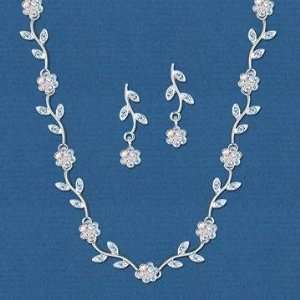 Aurora Borealis Crystal Floral Pattern Silver Necklace and Earring Set 