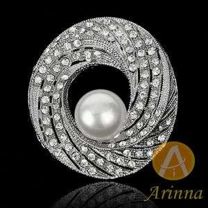 ARINNA clear circle pearl rhinestone style Brooch Pin 18K WGP 