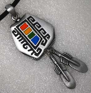 Aztec Dream Catcher Pendant W Hanging Feather Silver Pewter Metal 