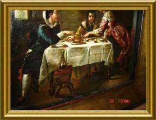 ANTIQUE GORGEOUS SPAIN Circa 1850 Family Gathering Tavern Drinking 