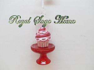Cup Cake Dessert Covered Dome Red Stand Glass Christmas Ornament 