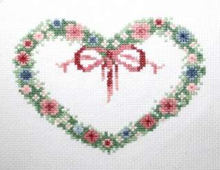 COMPLETED CROSS STITCH ,HEART WREATH WITH BLUE BOW  