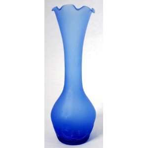  Blue Satin Glass Vase Crackle Bottom Ruffled Top Kitchen 