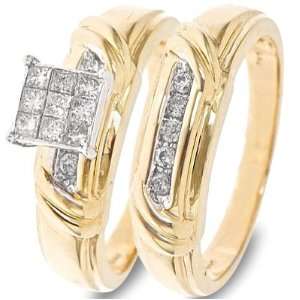 , Princess Cut Diamond Wedding Band Set 10K Yellow Gold   Two Rings 