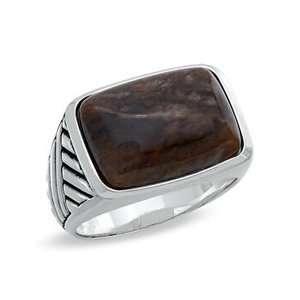 Gordons Jewelers Mens Petrified Wood Ring with Weave Pattern Shank 