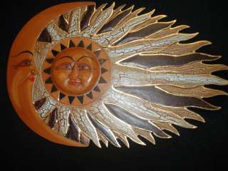 SUN MOON Sunburst Celestial Decor~Mosaic~hand Carved wall ART Bali red 