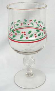 ARBYS HOLIDAY HOLLY GLASS GOBLET(S) BOW STEM GOLD RIM  