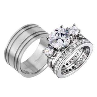 Pcs His Hers Titanium Sterling Silver 3 Stone Cubic Zirconia Wedding 