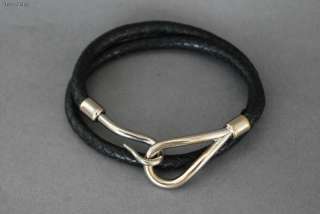   VTG HERMES Silvertone Jumbo Hook Double Bracelet Black Woven Leather