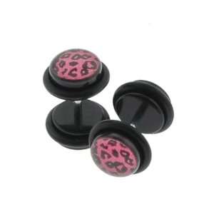 Black Acrylic Fake Plugs with Pink Cheetah Design and O Rings   16G 
