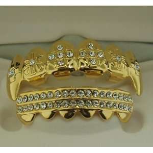  Grillz Fang Cross CZ Gold tone top and bottom mouth grillz 