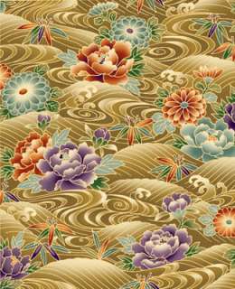   Metallic Imperial Koi Water Floral Olive Cotton Quilt Fabric yard