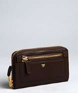 Tom Ford brown pebbled leather continental zip wallet style# 320317001