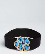 Stella McCartney black elastic enameled flower buckle wide belt style 