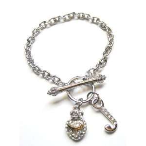  Juicy Style Pave Crystal Heart and J Charms Couture Silver Bracelet 