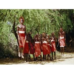  Samburu Men Jumping Whilst Dancing, Kenya, East Africa 