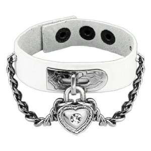 White Leather Bracelet with Chain Linked CZ Heart Lock Charm   0.71 