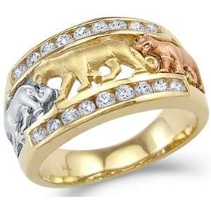   Solid 14k Tri Color Gold Three Lion Cat Dog Animal Ring Jewelry